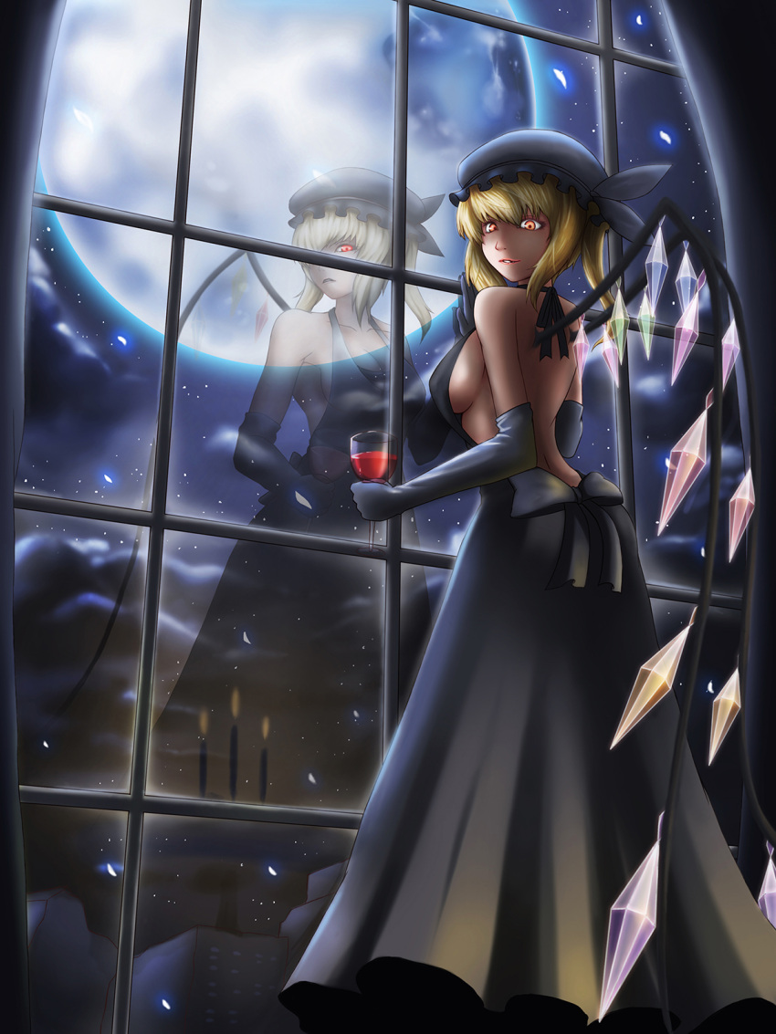 1girl bare_back bare_shoulders black_dress blonde_hair bow breasts cleavage clouds cup dress elbow_gloves flandre_scarlet gloves greenteaneko highres mob_cap moon older red_eyes reflection side_ponytail sideboob solo touhou window wine_glass wings