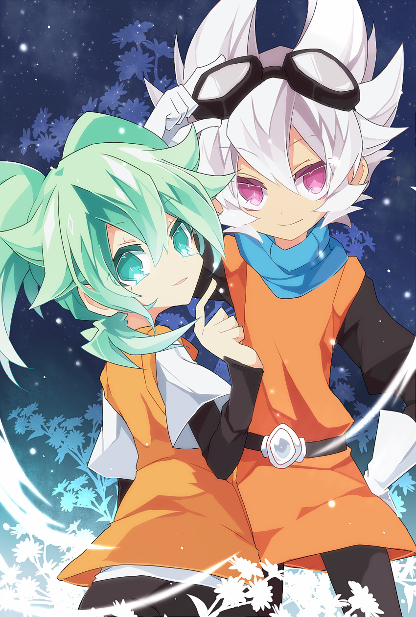 2boys fei_rune gloves goggles goggles_on_head green_eyes green_hair highres inazuma_eleven_(series) inazuma_eleven_go inazuma_eleven_go_chrono_stone looking_back male multiple_boys parted_lips saryuu_evan smile white_hair yuui1994