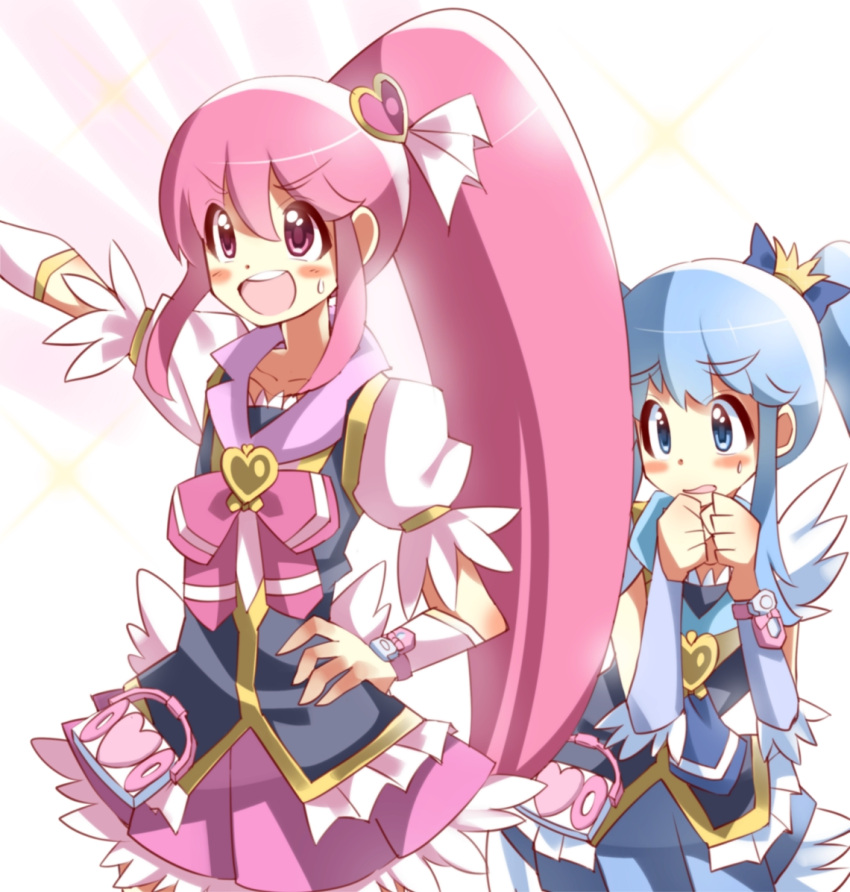 2girls aino_megumi arm_up blue_eyes blue_hair blue_skirt bowtie brooch crown cure_lovely cure_princess gyahu hair_ornament happinesscharge_precure! heart_hair_ornament jewelry long_hair magical_girl mini_crown multiple_girls pink_eyes pink_hair pink_skirt ponytail precure shirayuki_hime skirt smile twintails white_background wrist_cuffs