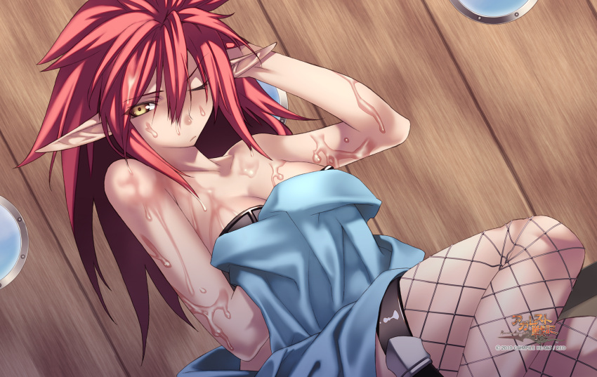 1girl 2010 agarest_senki agarest_senki_(series) bare_shoulders company_name copyright_name frown game_cg highres hirano_katsuyuki lavinia_(agarest_senki) long_hair long_pointy_ears official_art pointy_ears redhead spiky_hair thigh-highs wet wink yellow_eyes