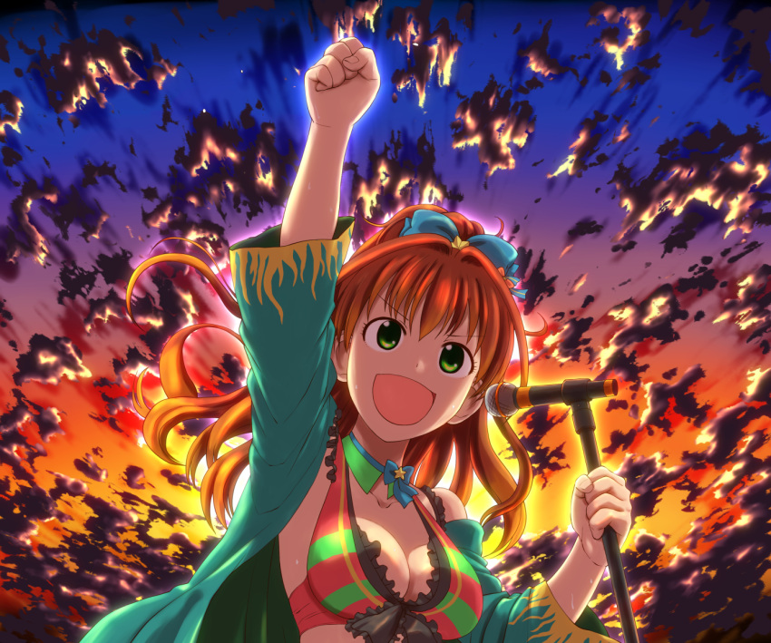 1girl arm_up bow breasts cleavage clouds detached_collar gradient green_eyes hair_bow high_ponytail hino_akane_(idolmaster) idolmaster idolmaster_cinderella_girls large_breasts microphone open_clothes open_mouth orange_hair sky solo striped takahashi_kanon