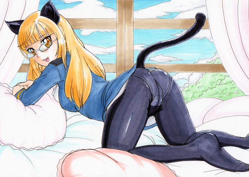 absurdres animal_ears ass bed black_legwear blonde_hair cat_ears cat_tail clouds crotch_seam feet glasses gold_eyes hayami_jin highres long_hair looking_at_viewer military military_uniform open_mouth panties panties_under_pantyhose pantyhose perrine_h_clostermann pillow smile strike_witches tail traditional_media trefoil underwear uniform window