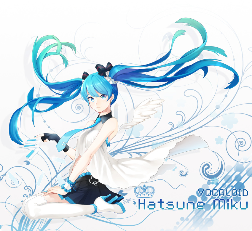 1girl 2014 blue_eyes blue_hair boots character_name copyright_name dated fingerless_gloves floating_hair gloves hatsune_miku high_heels highres iso1206 long_hair necktie sitting skirt solo thigh-highs thigh_boots twintails very_long_hair vocaloid wings