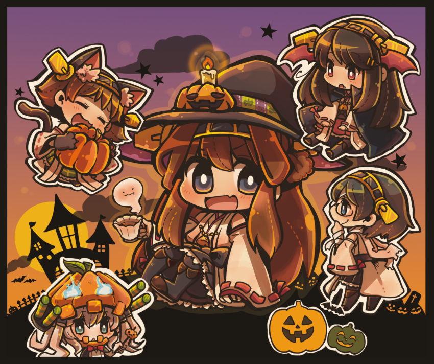 5girls animal_ears bat black_hair blue_eyes brown_hair candle cape cat_ears cat_paws cat_tail chibi closed_eyes cup detached_sleeves fang ghost glasses hairband halloween haruna_(kantai_collection) hat hiei_(kantai_collection) jack-o'-lantern japanese_clothes kantai_collection kirishima_(kantai_collection) kongou_(kantai_collection) multiple_girls nontraditional_miko open_mouth paws personification pumpkin_hat red_eyes reimu9 shinkaisei-kan silver_hair tail teacup thigh-highs turret wand wide_sleeves witch_hat wo-class_aircraft_carrier