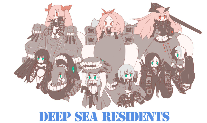 6+girls anchorage_oni aqua_eyes armored_aircraft_carrier_oni black_hair bodysuit cape chi-class_torpedo_cruiser chibi elbow_gloves gloves green-flog hair_over_one_eye hair_ribbon highres kantai_collection midriff monster multiple_girls navel open_mouth pale_skin personification pink_hair ponytail red_eyes ri-class_heavy_cruiser ribbon ru-class_battleship shinkaisei-kan silver_hair southern_ocean_war_oni staff swimsuit ta-class_battleship turret twintails wo-class_aircraft_carrier yo-class_submarine