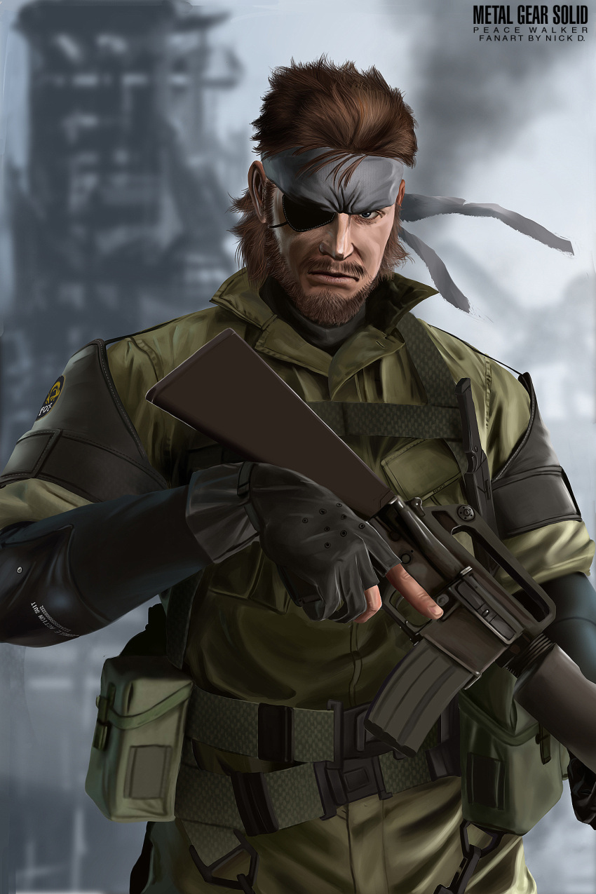 1boy assault_rifle beard belt_pouch big_boss brown_hair eyepatch facial_hair fingerless_gloves gloves gun headband highres holster knife knight_gawain m16 manly metal_gear_solid metal_gear_solid_peace_walker military multiple_belts pouch rifle solo trigger_discipline weapon