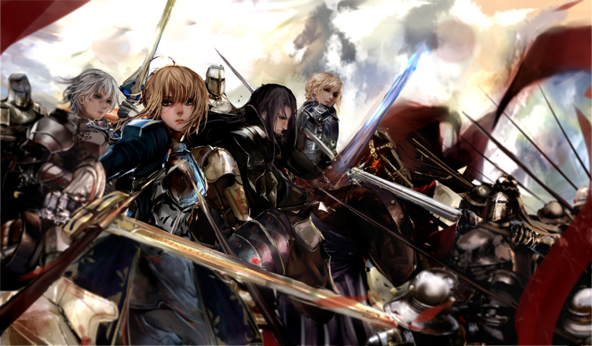 1girl armor blonde_hair excalibur fate/stay_night fate/zero fate_(series) flag gawain_(fate/extra) horse king knight lancelot_(fate/stay_night) misako12003 multiple_boys polearm saber spear sword weapon