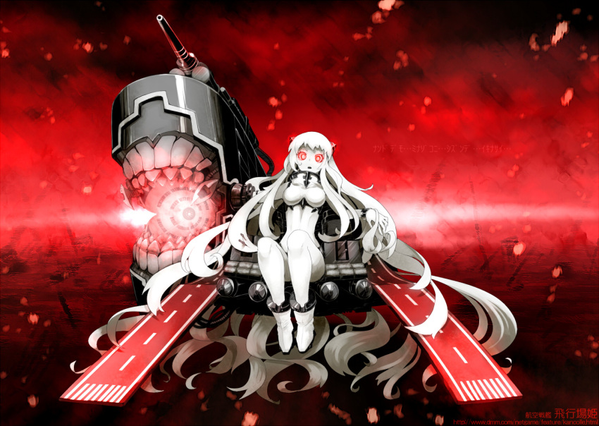 1girl airfield_hime boots crop_top kantai_collection long_hair oso_(toolate) personification red_eyes shinkaisei-kan solo white_hair white_skin
