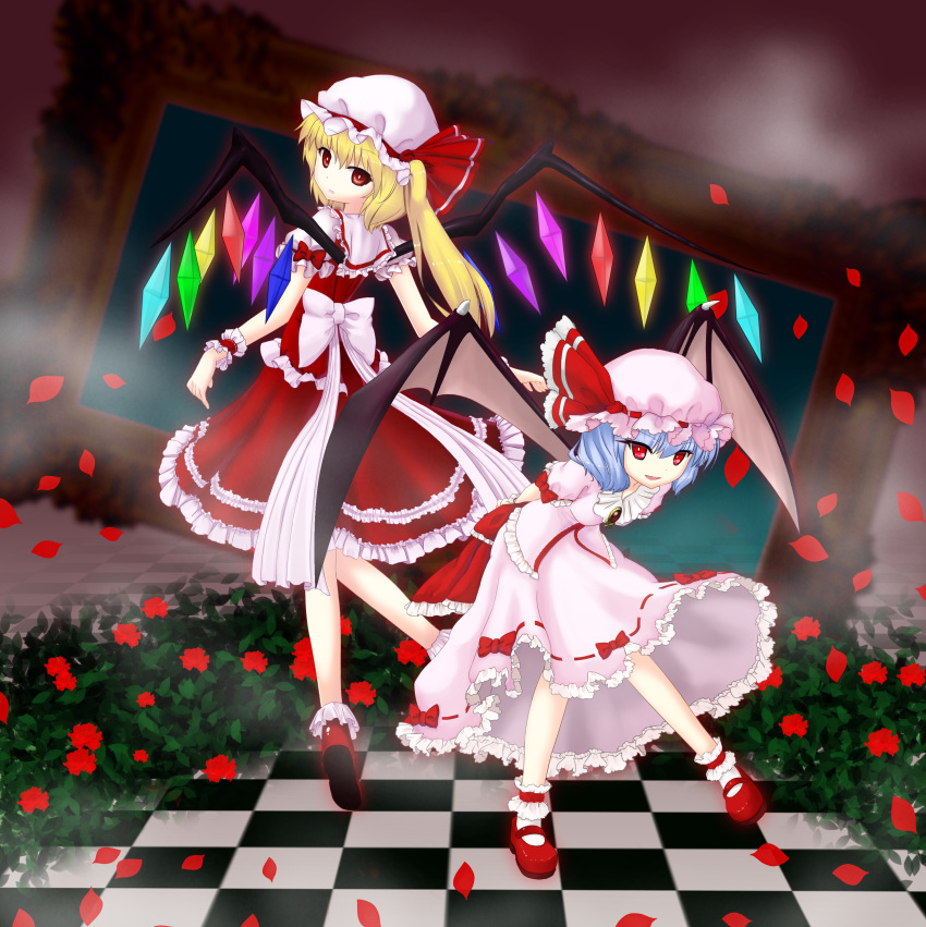 2girls absurdres ankle_cuffs ankle_socks arms_behind_back bat_wings bending_forward blonde_hair blue_hair brooch checkered checkered_floor flandre_scarlet flower from_behind gradient gradient_background hat hat_ribbon highres jewelry looking_at_viewer looking_over_shoulder mary_janes mob_cap multiple_girls nitsuga petals picture_frame remilia_scarlet ribbon shoes short_hair siblings side_ponytail sisters skirt skirt_set smoke tiptoes touhou wings wrist_cuffs