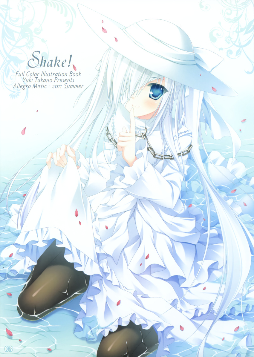 1boy absurdres bandage_over_one_eye black_legwear blue_eyes blush crossdressinging dies_irae dress finger_to_mouth hair_over_one_eye hat highres kneeling long_hair pantyhose petals solo sun_hat takano_yuki_(allegro_mistic) trap white_hair wolfgang_schreiber