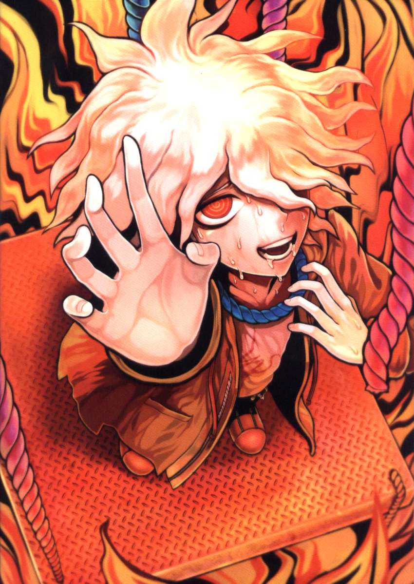 1boy bad_end dangan_ronpa drooling fire from_above hair_over_one_eye highres hoodie jacket komaeda_nagito komatsuzaki_rui official_art open_mouth outstretched_arm rope scan short_hair smile strangling super_dangan_ronpa_2 sweat what_if white_hair