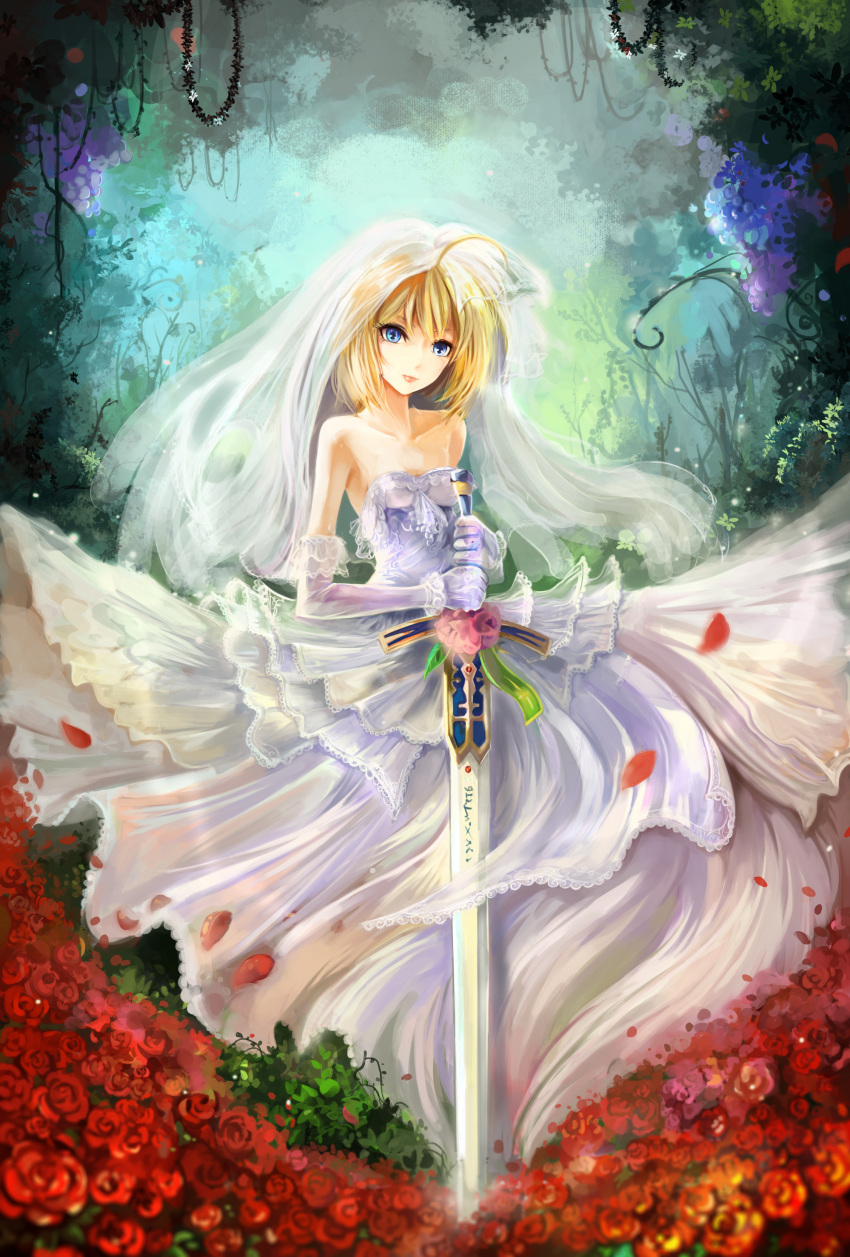 1girl absurdres ahoge blonde_hair blue_eyes bridal_veil bride caliburn dress elbow_gloves fate/stay_night fate_(series) gloves highres planted_sword planted_weapon saber solo summercards sword veil weapon wedding_dress