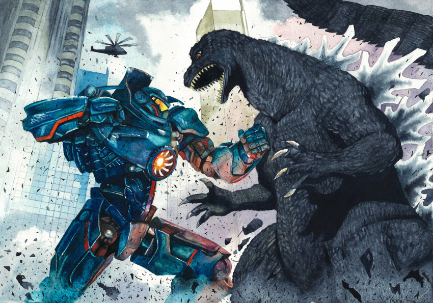 crossover gipsy_danger godzilla godzilla_(series) helicopter hion_s kaijuu mecha monster no_humans open_mouth pacific_rim red_eyes science_fiction super_robot tail traditional_media
