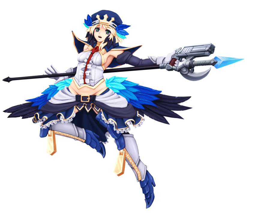 1girl adapted_costume barbariank belt beret blazblue blonde_hair bolverk breasts capelet detached_sleeves dual_wielding feathers fusion gloves greaves green_eyes gun gwendolyn hair_feathers handgun hat midriff noel_vermillion odin_sphere polearm short_hair skirt solo spear thighhighs transparent_background weapon white_gloves zipper