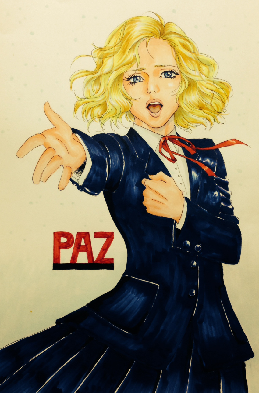 1girl blazer blonde_hair blue_eyes cheetah_(karasu-uuu) eyelashes highres lips marker_(medium) metal_gear_solid metal_gear_solid_peace_walker nose outstretched_hand paz_ortega_andrade school_uniform short_hair traditional_media