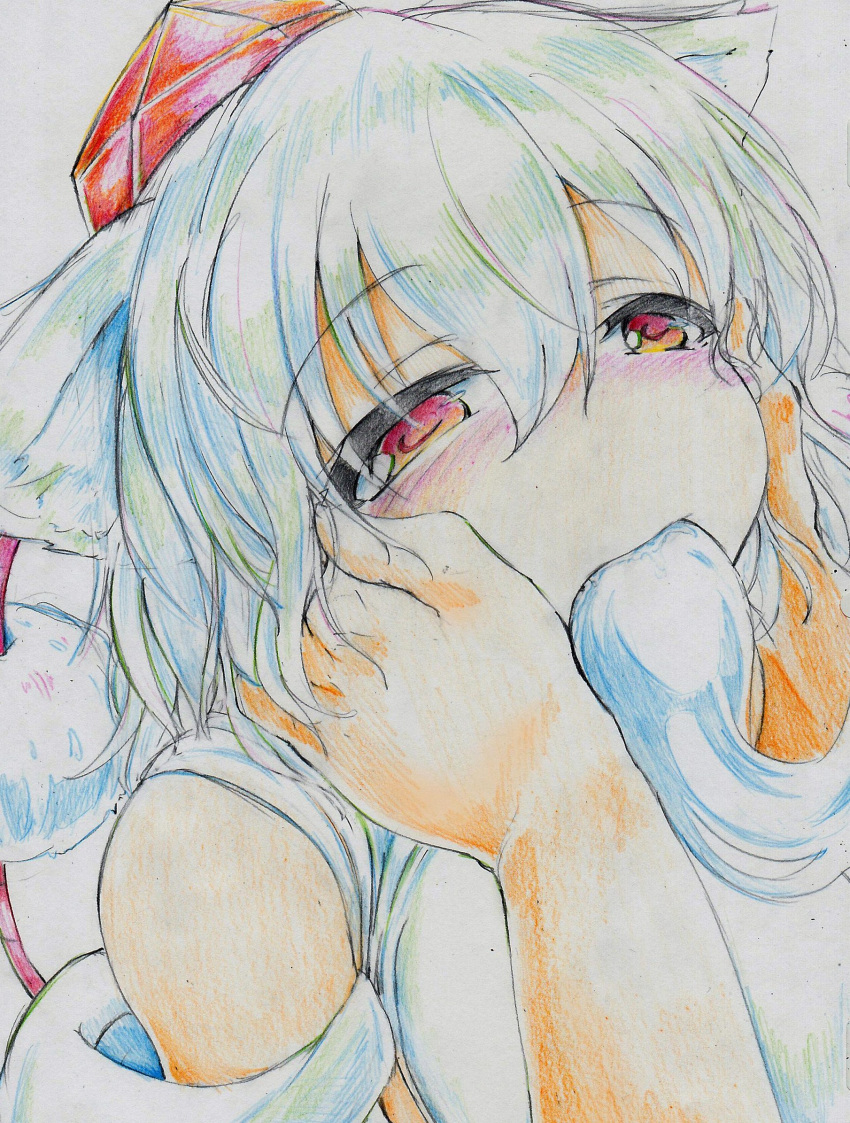 1girl animal_ears bare_shoulders blush colored_pencil_(medium) detached_sleeves eating hands_on_another's_face hat highres inubashiri_momiji kitazinger mochi red_eyes short_hair solo tokin_hat touhou traditional_media white_hair wolf_ears