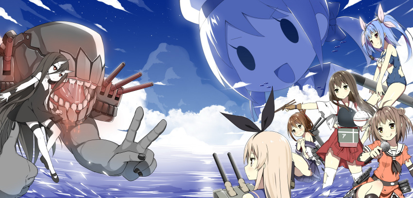 6+girls :q akagi_(kantai_collection) antenna_hair armor battleship-symbiotic_hime blonde_hair blue_hair blush brown_eyes brown_hair chopsticks covering_chest double_bun drooling error_musume gloves hair_ribbon half_updo highres horns i-19_(kantai_collection) inazuma_(kantai_collection) japanese_clothes kantai_collection machinery microphone monster multiple_girls muneate naka_(kantai_collection) off_shoulder open_mouth pale_skin personification red_eyes rensouhou-chan ribbon rice_bowl shimakaze_(kantai_collection) sky_(freedom) sweatdrop swimsuit thighhighs tongue torn_clothes torn_gloves torpedo turret twintails v yellow_eyes