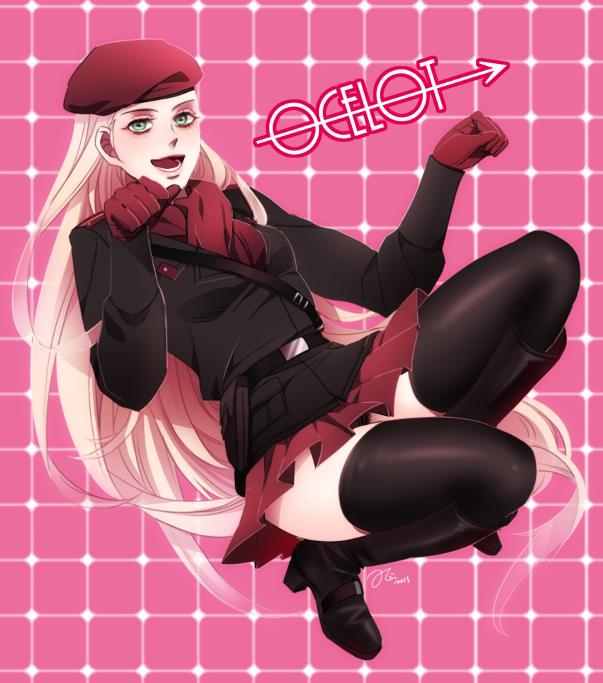 1girl beret blonde_hair blush boots genderswap gloves hat highres holster jacket kisw2010 long_hair metal_gear_solid miniskirt open_mouth paw_pose pleated_skirt red_scarf revolver_ocelot scarf skirt smile solo strap_cleavage thigh_boots thighhighs very_long_hair