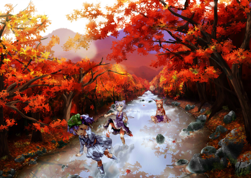3girls absurdres autumn blue_eyes blue_hair boots bow breasts brown_eyes cirno clenched_hand dress expressionless forest glint grass grin hair_bobbles hair_bow hair_ornament hand_on_own_face hat hex_(tanhexun) highres horn_ribbon horns ibuki_suika ice ice_wings kawashiro_nitori key knee_up leaf leg_up long_hair long_sleeves looking_at_another looking_at_viewer maple_leaf maple_tree midriff multiple_girls nature orange_hair outdoors panties pantyshot pantyshot_(standing) reflection ribbon rock rubber_boots shade short_hair short_sleeves signature sitting skirt skirt_set sleeveless sleeveless_shirt smile splashing standing stream touhou twintails underwear wading wet wet_clothes white_panties wings