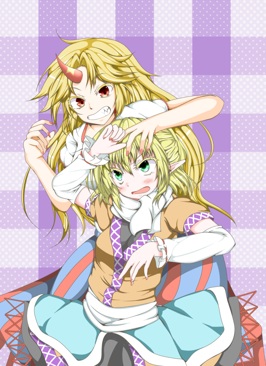 2girls arm_warmers blonde_hair blouse blush checkered checkered_background colored_eyelashes eemiiru_(xeno-c) fang fingernails green_eyes grin hand_on_another's_head hand_on_forehead highres horn hoshiguma_yuugi layered_dress long_hair looking_at_viewer looking_up mizuhashi_parsee multiple_girls nail_polish open_mouth pointy_ears polka_dot polka_dot_background red_eyes scarf sharp_fingernails short_sleeves skirt smile touhou