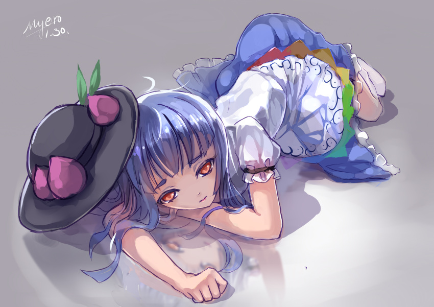 1girl absurdres blue_hair food fruit hat highres hinanawi_tenshi looking_at_viewer lying myero on_side peach puffy_sleeves red_eyes reflection reflective_floor shirt short_sleeves signature skirt solo touhou
