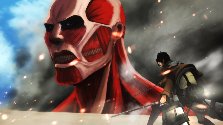 1boy colossal_titan dual_wielding eren_jaeger exposed_muscle faceoff giant highres knight_gawain shingeki_no_kyojin size_difference sword three-dimensional_maneuver_gear uniform weapon