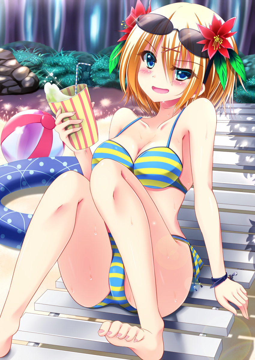 1girl akira_oto ball beachball bikini blonde_hair blue_eyes chair drink flower hair_flower hair_ornament hibiscus highres innertube lounge_chair original short_hair sunglasses sunglasses_on_head swimsuit