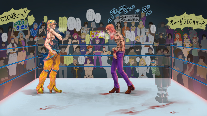 absurdres blonde_hair blood blood_on_face blood_stain bruno_bucciarati cars_(jojo) cheering crowd daifukumochi_(qquuiieett) diavolo diego_brando dio_brando enrico_pucci enya_geil fan formaggio funny_valentine ghiaccio giorno_giovanna guido_mista heart highres hirose_kouichi illuso jean_pierre_polnareff jojo_no_kimyou_na_bouken kira_yoshikage kuujou_joutarou leone_abbachio mariah melone midler narancia_ghirga paper_fan pesci pink_hair pom_poms prosciutto risotto_nero sign squalo steel_ball_run terence_trent_d'arby tiziano transparent trish_una uchiwa vanilla_ice vinegar_doppio wrestling_ring