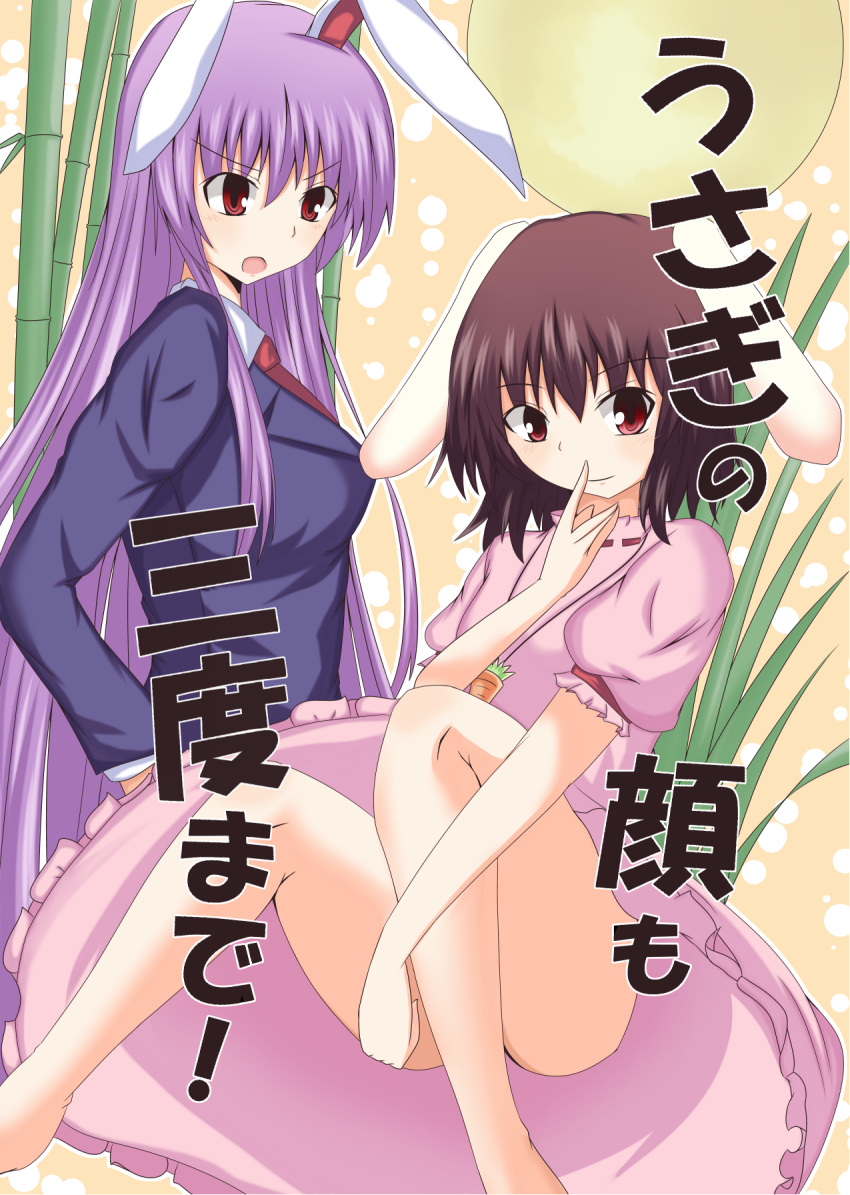 2girls animal_ears bamboo bamboo_forest blazer brown_hair cover cover_page forest highres moon multiple_girls naba_(take_tonbo) nature purple_hair rabbit_ears red_eyes thighs touhou