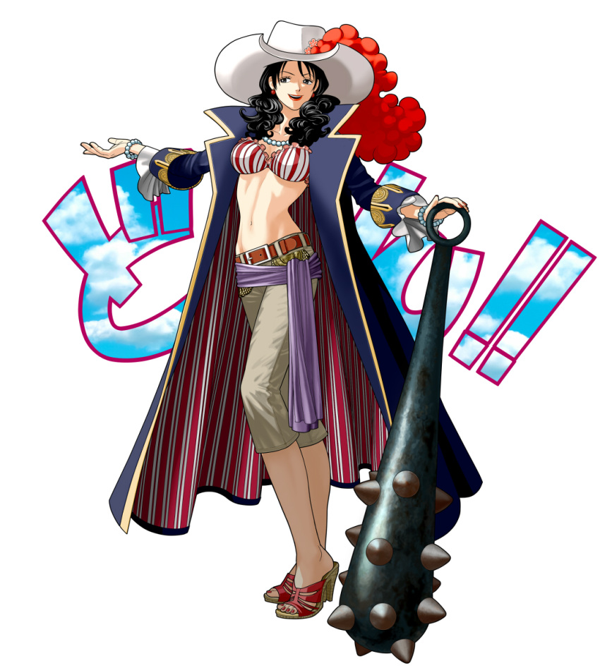 1girl alvida_(one_piece) belt black_hair bra bracelet breasts capri_pants club coat collarbone curly_hair earrings full_body grey_eyes hat high_heel_sandals high_heels jewelry lipstick long_coat long_hair long_sleeves looking_to_the_side makeup midriff nail_polish navel necklace no_socks one_piece open_clothes open_coat open_mouth pants pearl_bracelet pearl_necklace plume purple_sash red_earrings red_nails sash simple_background smile solo spiked_club standing striped striped_bra suyu38 toenail_polish underwear weapon white_background white_hat