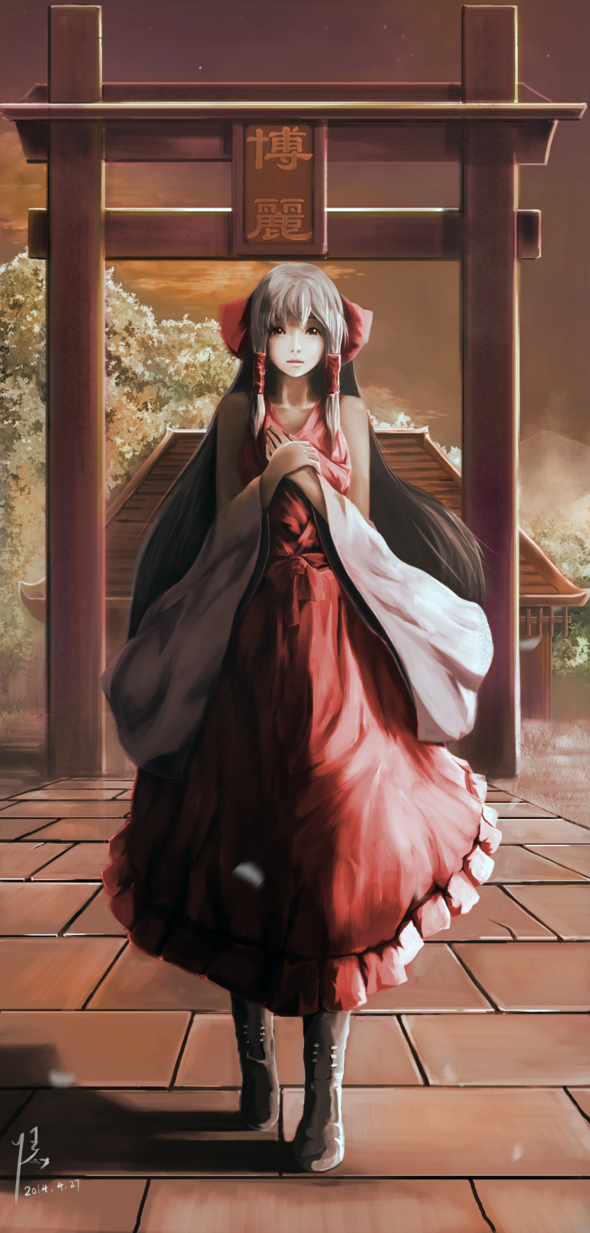1girl absurdres boots bow brown_eyes brown_hair dated detached_sleeves diandianzai east_asian_architecture expressionless hair_bow hair_tubes hakurei_reimu hakurei_shrine hands_on_own_chest hands_together highres long_hair looking_at_viewer outdoors path payot road signature skirt skirt_set solo torii touhou tree twilight very_long_hair