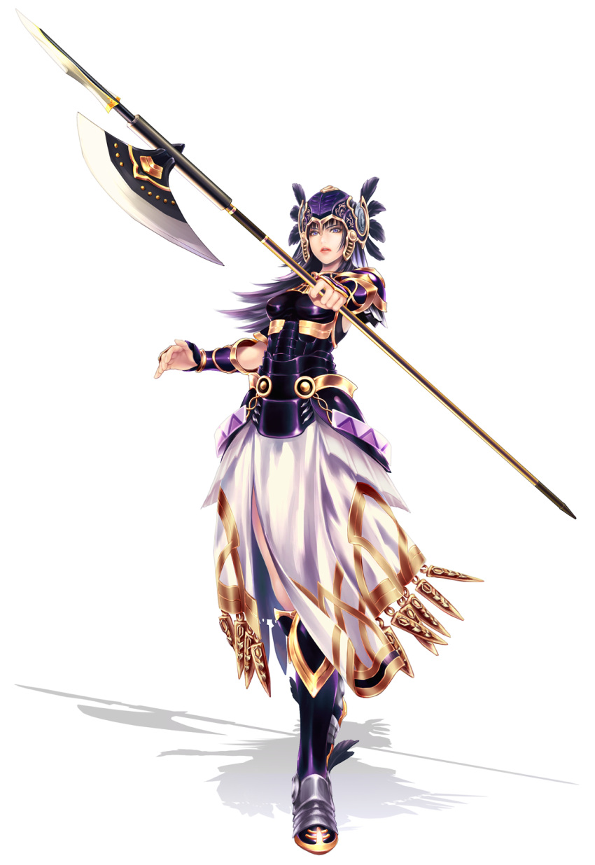 1girl armor armored_boots armored_dress black_hair boots breastplate brown_eyes dress feathers halberd helmet highres hrist_valkyrie lips outstretched_arm pauldrons polearm serious shadow simple_background solo standing valkyrie_profile vambraces weapon white_background