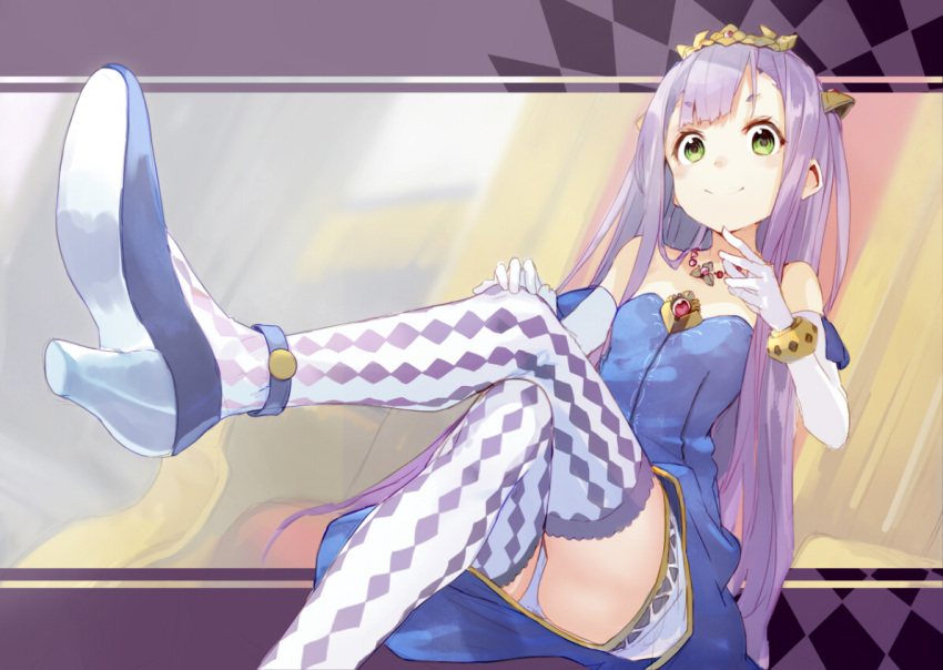 1girl bare_shoulders blush crossed_legs elbow_gloves foreshortening gloves green_eyes high_heels jewelry long_hair looking_at_viewer necklace outbreak_company panties petrarca_ann_erudanto_iii purple_hair shirabi_(life-is-free) smile solo thighhighs tiara underwear white_gloves white_panties