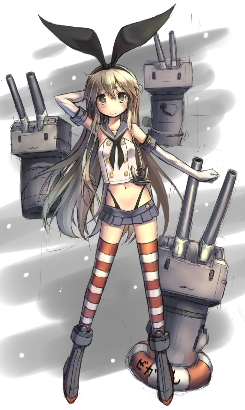1girl :3 anchor blonde_hair elbow_gloves gloves hairband highres hoshi_no_gen kantai_collection long_hair looking_at_viewer navel personification rensouhou-chan shimakaze_(kantai_collection) sketch skirt smile socks striped striped_legwear thighhighs white_gloves yellow_eyes