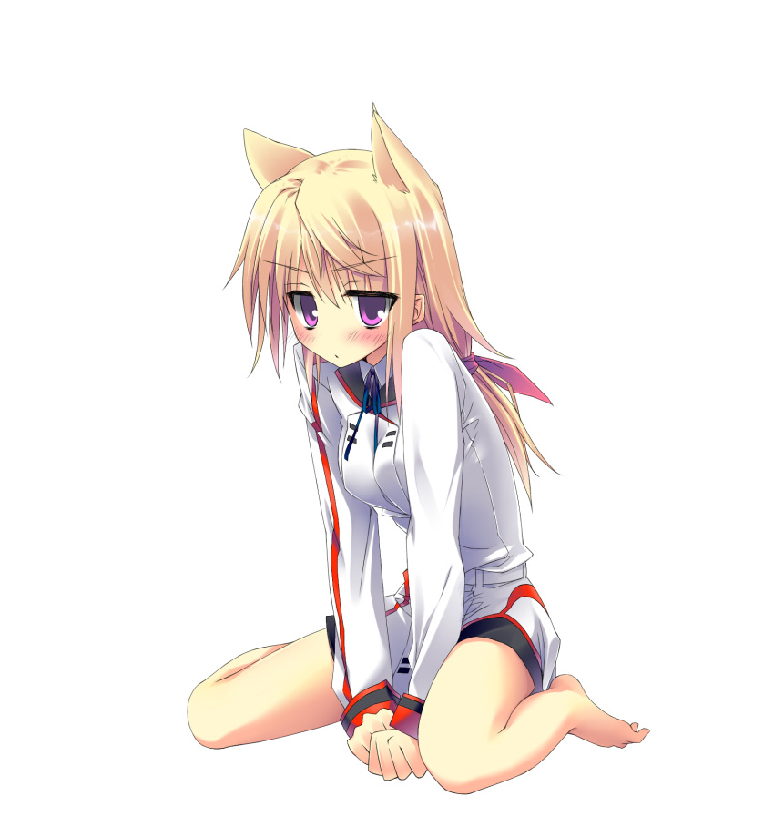 1girl animal_ears blonde_hair blush charlotte_dunois extra_ears highres infinite_stratos ite_fuji kemonomimi_mode long_hair simple_background solo violet_eyes white_background