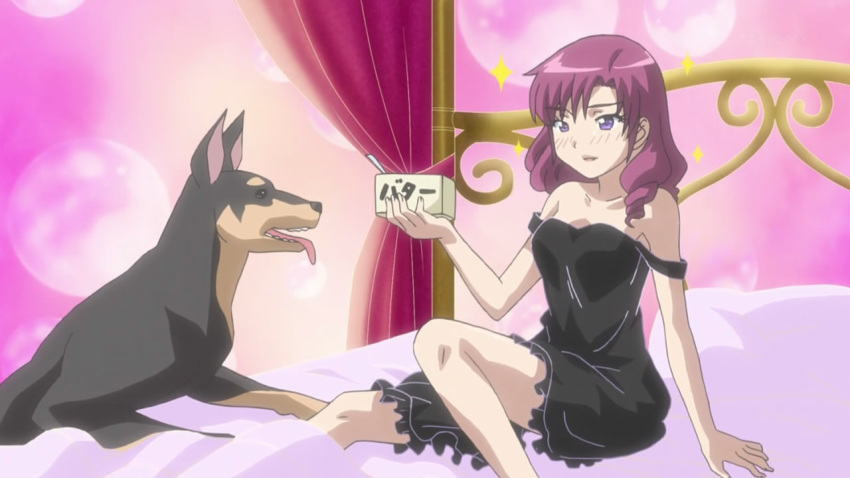 1girl b-gata_h-kei bed blush curly_hair dog dress kanejou_kyouka long_hair purple_eyes red_hair screencap solo sparkle