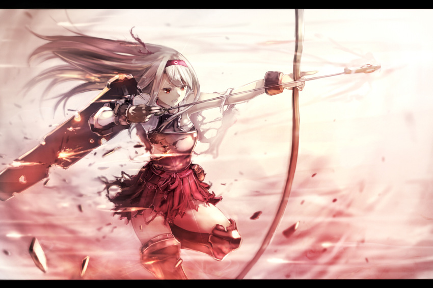 1girl archery battle blush boots bow_(weapon) brown_eyes damaged flight_deck hair_ribbon hairband japanese_clothes kantai_collection kyuudou long_hair mondo muneate personification ribbon shoukaku_(kantai_collection) silver_hair single_glove skirt solo thigh-highs thigh_boots torn_clothes weapon white_hair yugake