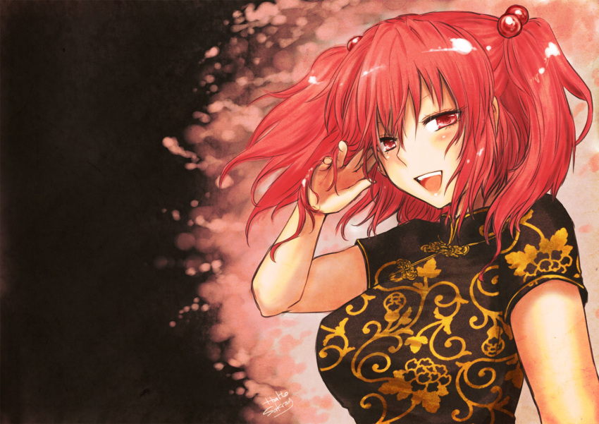 1girl adjusting_hair alternate_costume breasts china_dress chinese_clothes hair_bobbles hair_ornament highres large_breasts onozuka_komachi open_mouth red_eyes redhead sakurai_haruto smile solo touhou