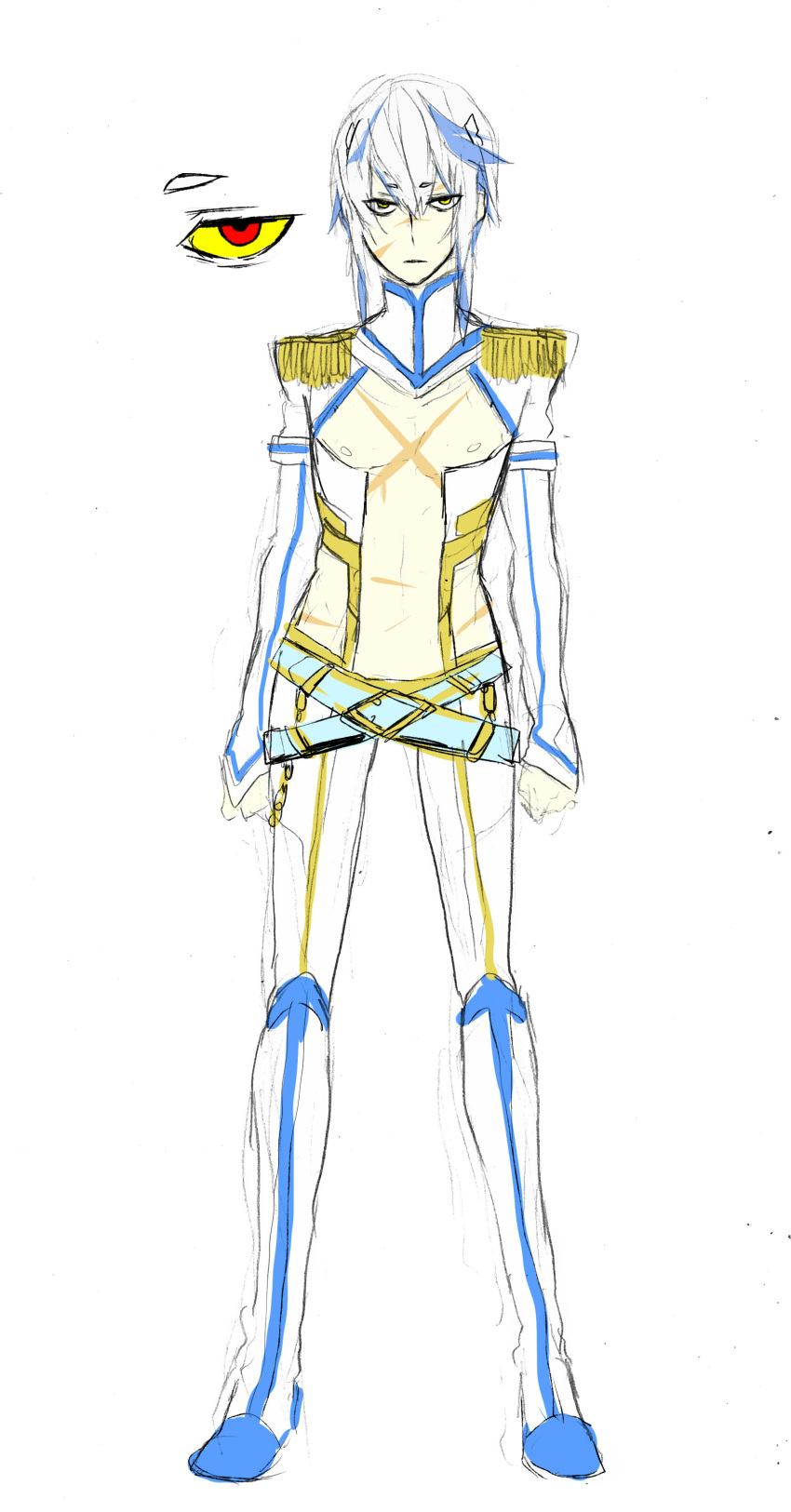 1boy absurdres belt ebippoid epaulettes expressionless highres junketsu kill_la_kill male multicolored_hair personification scar sketch solo two-tone_hair