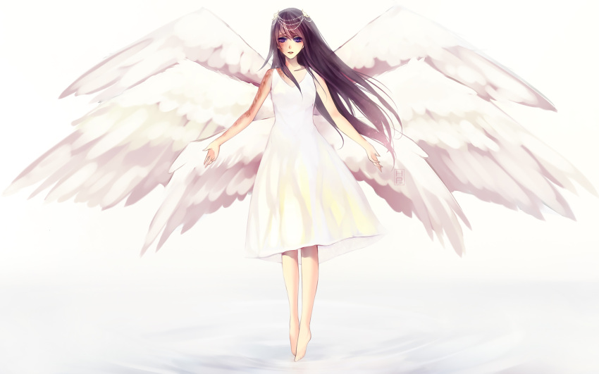 1girl angel_wings artist_request barefoot black_hair dress full_body highres ikezawa_hanako jewelry katawa_shoujo long_hair multiple_wings outstretched_arms scar solo spread_arms violet_eyes wallpaper white_dress wings