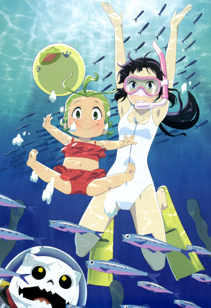 2girls absurdres arms_up black_hair character_request copyright_request diving_mask fish green_eyes green_hair highres legs long_hair multiple_girls nyantype official_art one-piece_swimsuit smile snorkel swimsuit underwater