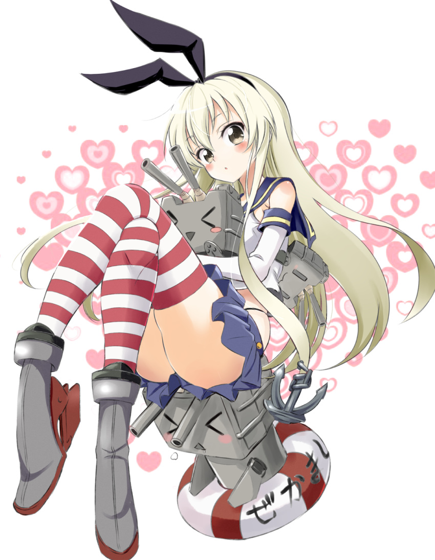 &gt;_&lt; 1girl anchor blonde_hair blush blush_stickers elbow_gloves gloves hairband heart highres kantai_collection long_hair looking_at_viewer natsupa personification rensouhou-chan saliva shimakaze_(kantai_collection) skirt socks striped striped_legwear thighhighs white_gloves yellow_eyes