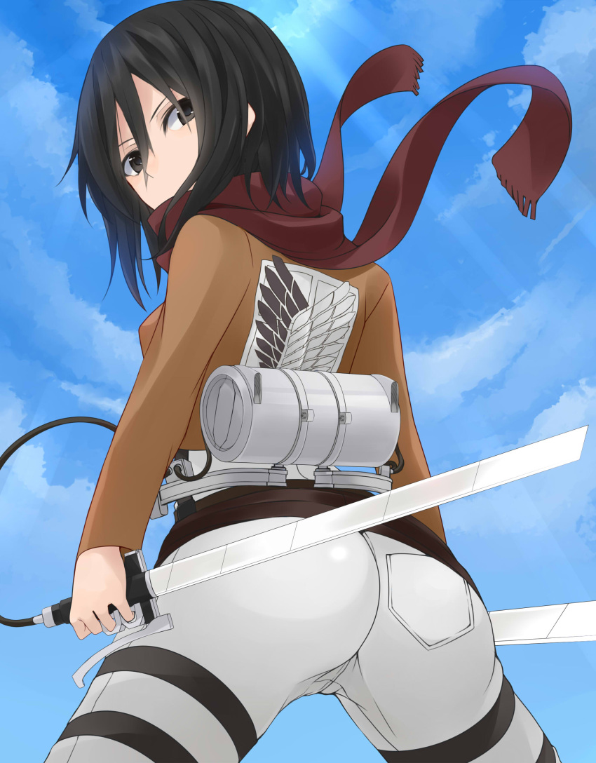 1girl absurdres ass black_eyes black_hair clouds dual_wielding highres looking_back mikasa_ackerman nemu_(nebusokugimi) scarf shingeki_no_kyojin short_hair sky solo spread_legs three-dimensional_maneuver_gear weapon