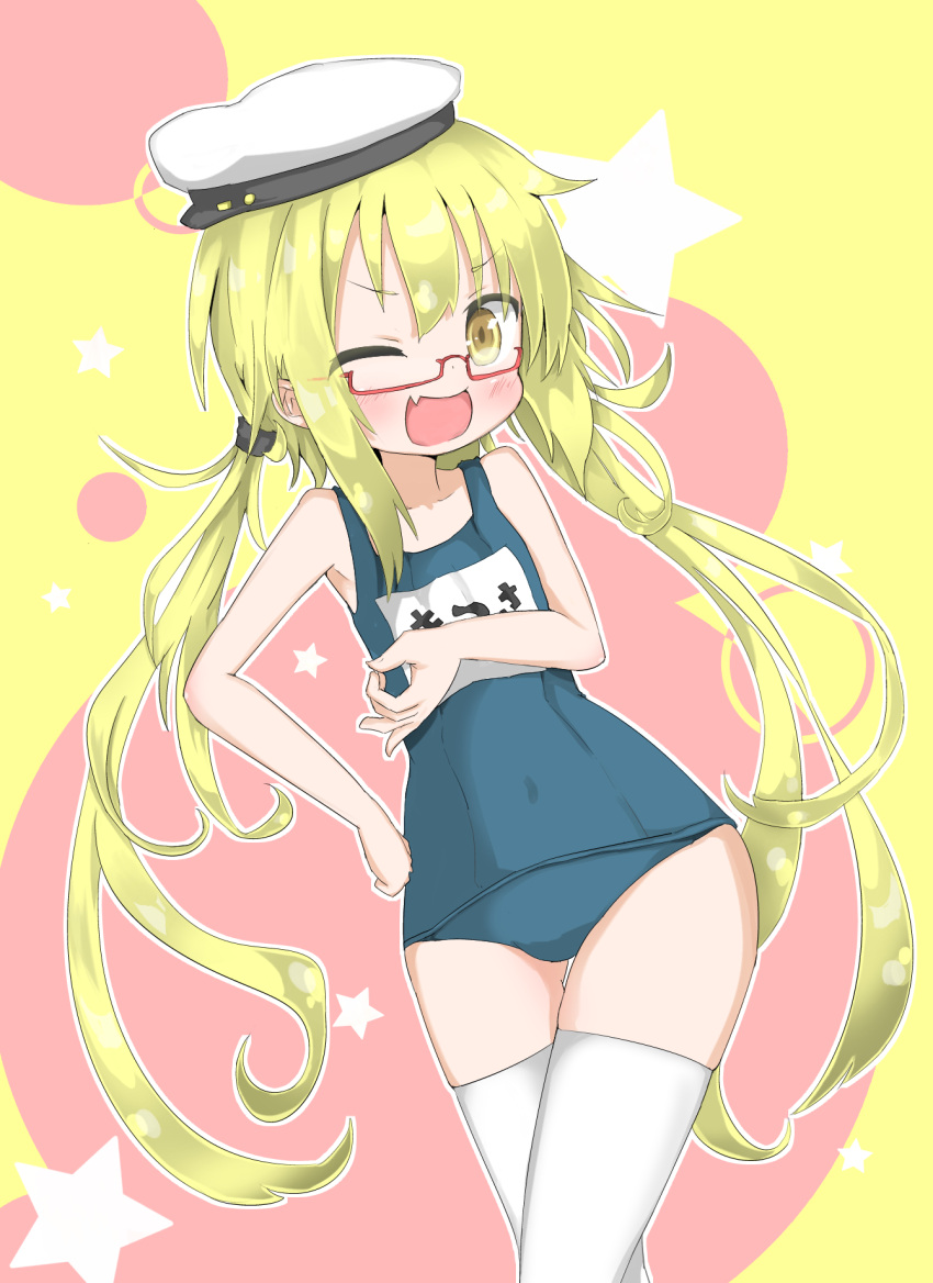 1girl beret bespectacled blonde_hair fang glasses hat highres i-8_(kantai_collection)_(cosplay) kantai_collection kisetudenpa satsuki_(kantai_collection) school_swimsuit solo swimsuit thighhighs twintails wink