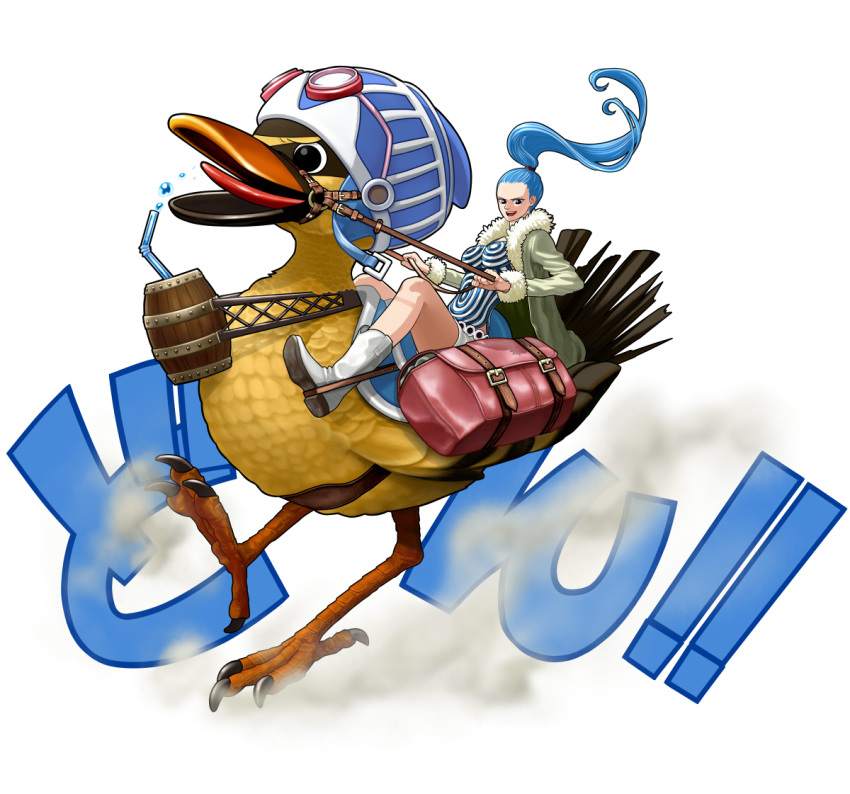 1girl animal bird blue_hair boots breasts carue duck fur_trim goggles goggles_on_head long_hair nefertari_vivi one_piece open_clothes open_coat ponytail riding saddle saddlebags short_shorts shorts simple_background sitting_on_animal suyu38 very_long_hair white_background