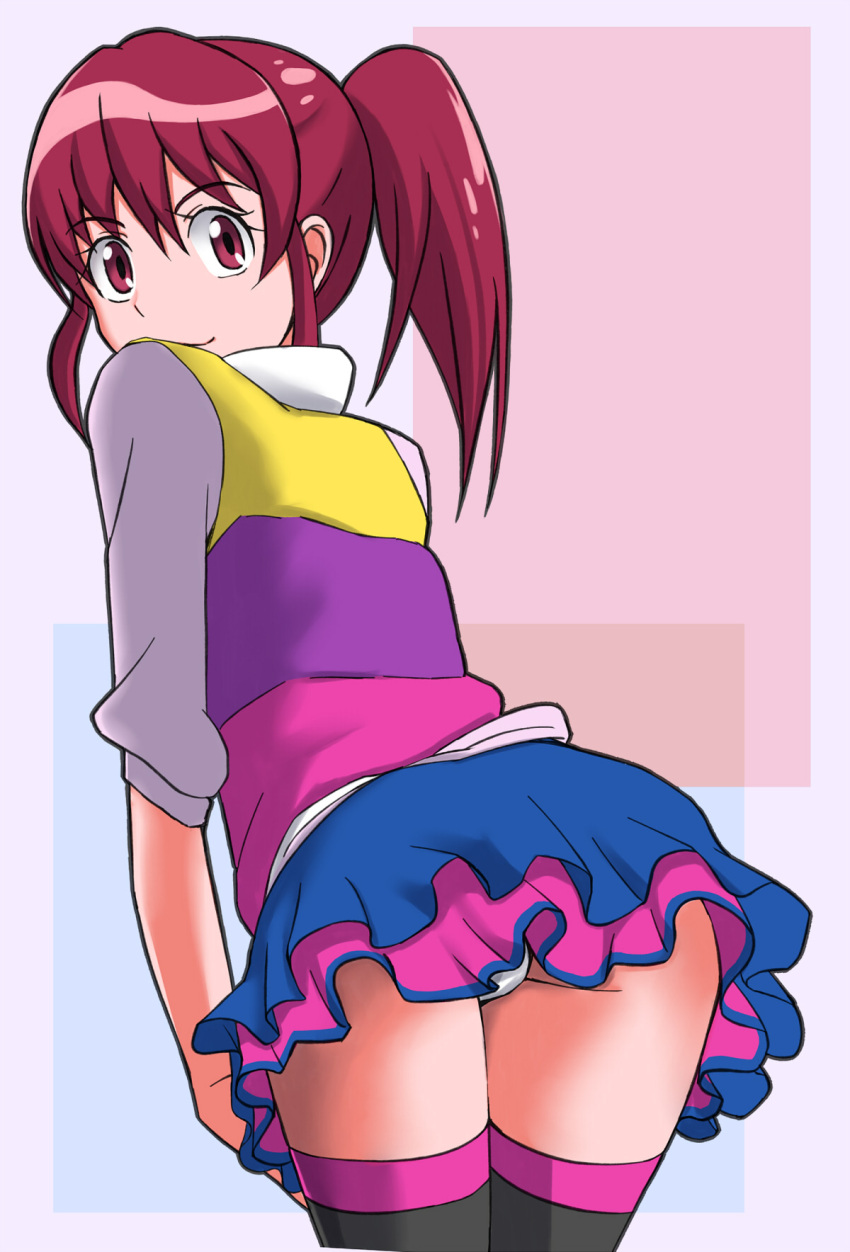 1girl aino_megumi amawa_kazuhiro happinesscharge_precure! highres looking_back panties pantyshot pink_eyes pink_hair ponytail precure shirt short_hair skirt smile solo thighhighs underwear vest white_panties