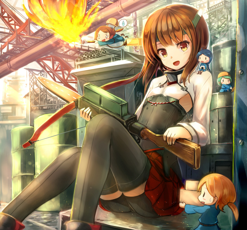 1girl bike_shorts bow_(weapon) brown_eyes brown_hair crossbow damage_control_crew_(kantai_collection) flat_chest headband headgear highres kantai_collection magazine_(weapon) minigirl multiple_girls open_mouth personification pleated_skirt sakura_ani short_hair skirt taihou_(kantai_collection) thighhighs weapon
