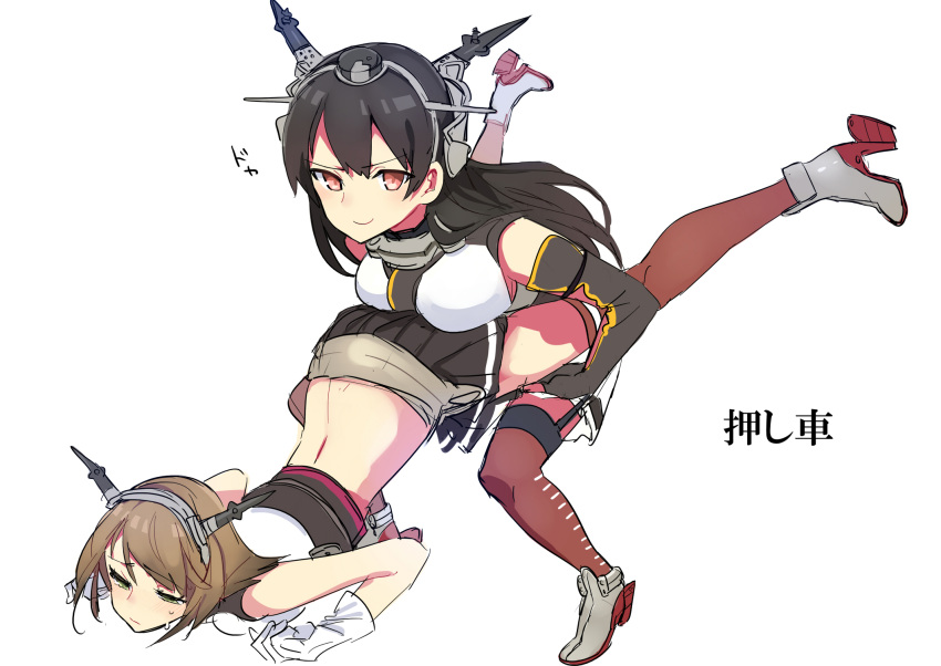2girls bare_shoulders black_hair blush breasts brown_hair elbow_gloves gloves green_eyes hairband headgear highres kantai_collection long_hair multiple_girls mutsu_(kantai_collection) nagato_(kantai_collection) personification red_eyes short_hair smile tears thighhighs translation_request yomosaka