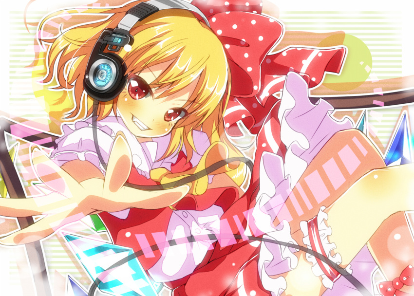 1girl ascot blonde_hair bow flandre_scarlet grin hair_bow headphones no_hat outstretched_arm outstretched_hand puffy_sleeves red_eyes shirt short_sleeves skirt skirt_set smile solo thigh_strap touhou vest wings yuimari