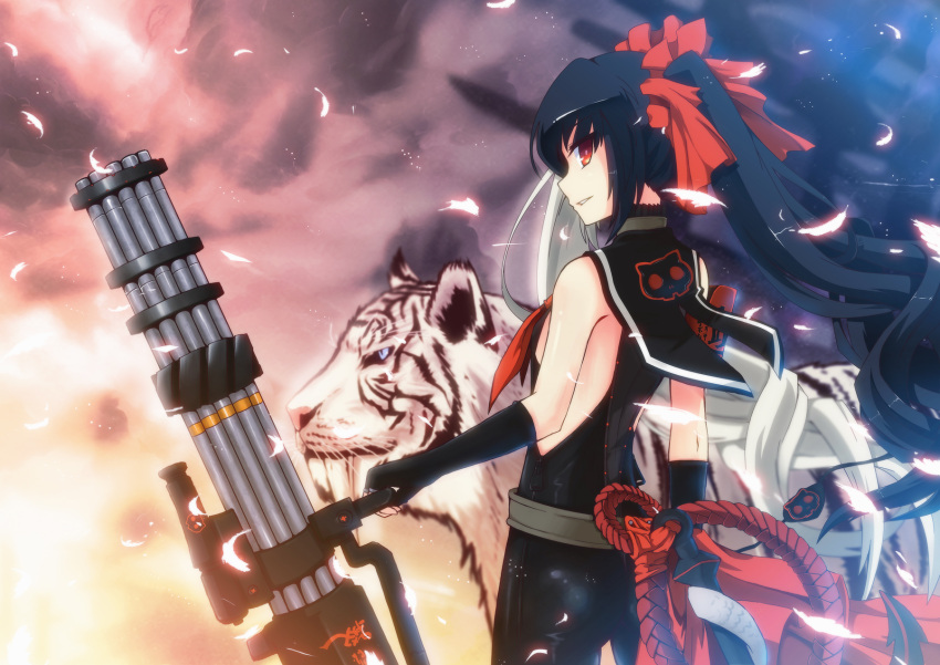 1girl black_hair blade_&amp;_soul breasts character_request gloves highres long_hair multicolored_hair red_eyes solo two-tone_hair uiu weapon white_hair